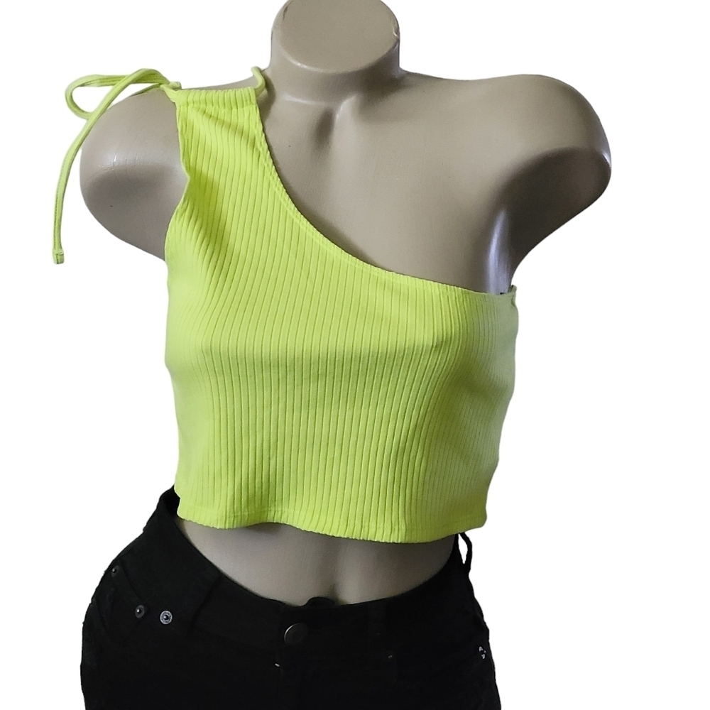 Aerie Real Lime Green‎ One Shoulder Tie Ribbed Crop Top Tank Bandeau L